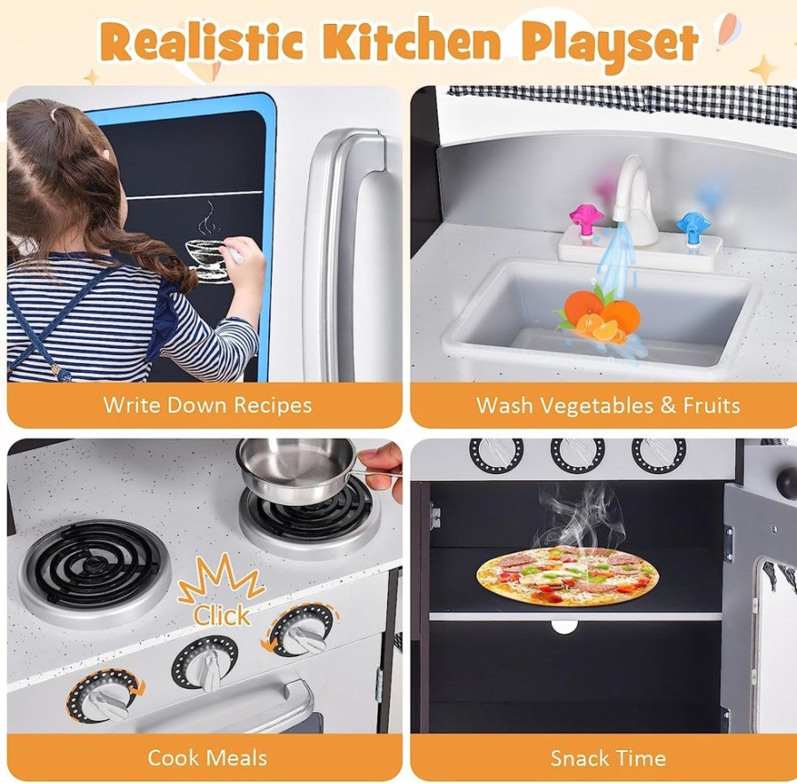 Playtime littlehelper Toy Kitchens | Luxury Montessori Inspired Toy Kitchen | Blackboard | Microwave | Realistic Sounds & Accessories