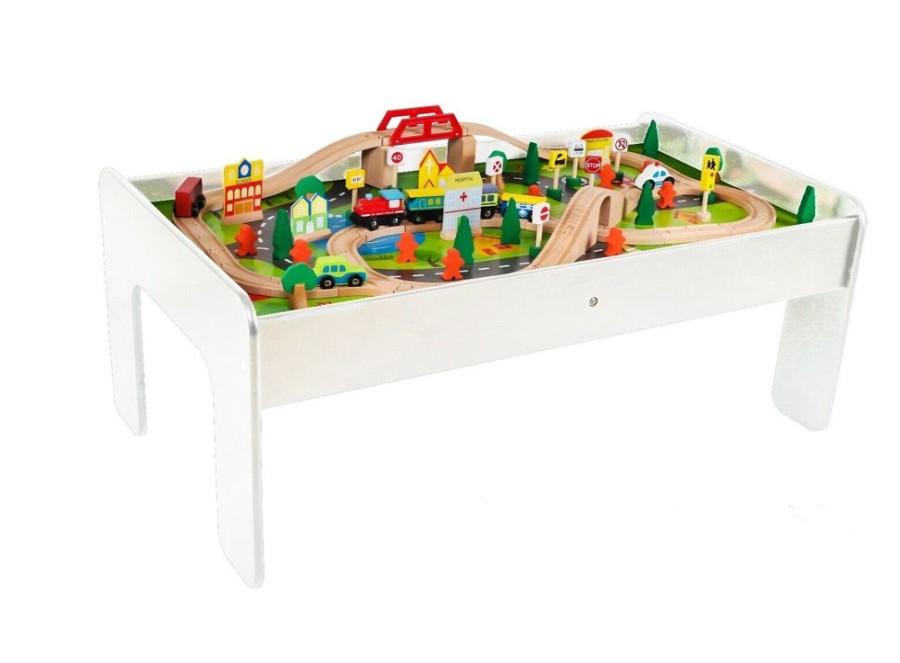 Toddler Furniture & Accessories littlehelper | 2-In-1 Montessori Wooden Train Table & City Play Table | 90Pc Train Set | White