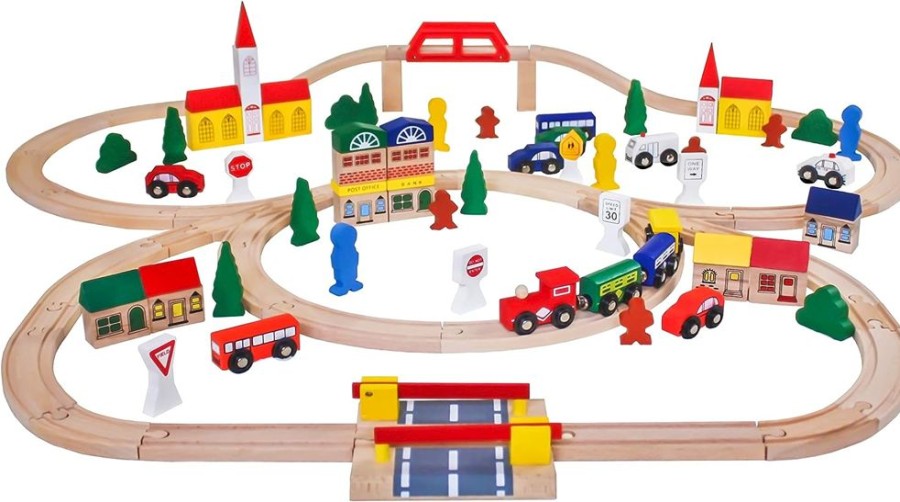 Playtime littlehelper Wooden Toys | 100 Piece Large Wooden Train Set | Design Your Own Tracks | 3 Year+