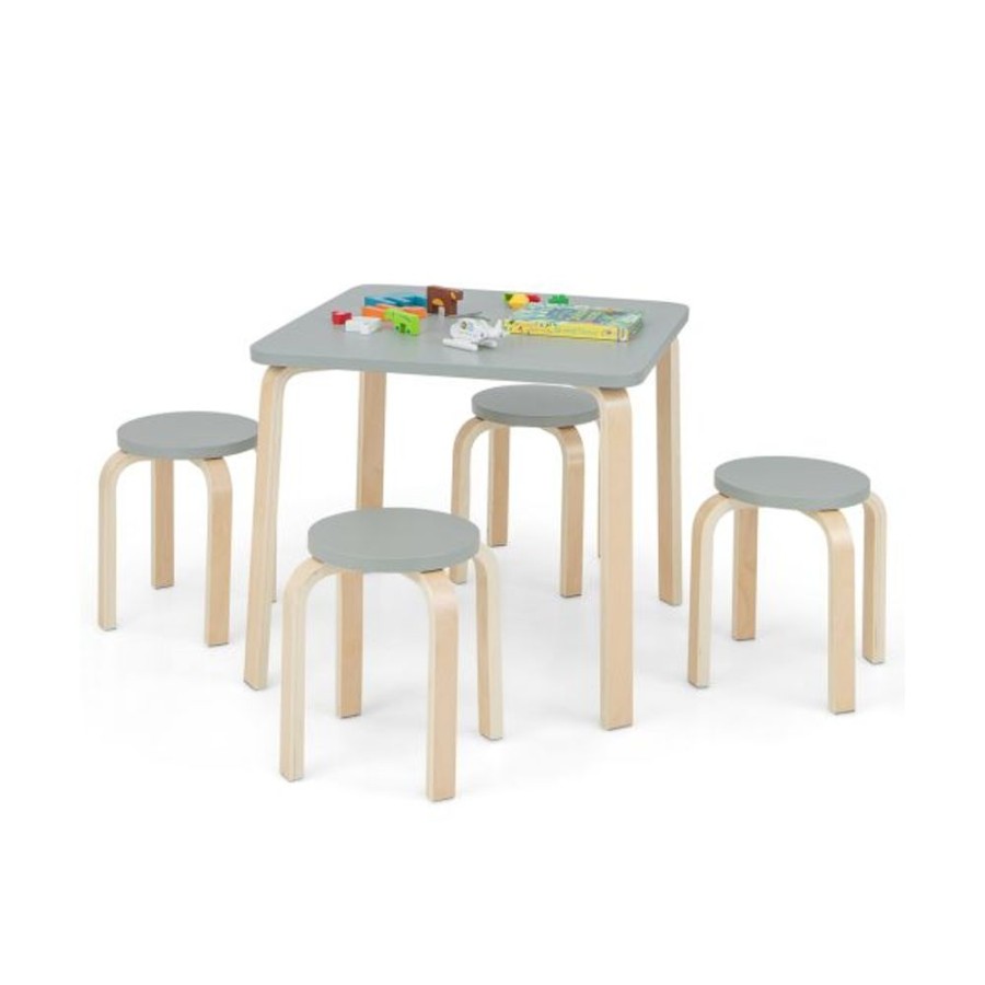 Toddler Furniture & Accessories littlehelper | Children'S Eco Birch And Poplar Wooden Table & 4 Stackable Stools Set | Space Saving | Grey | 36M+