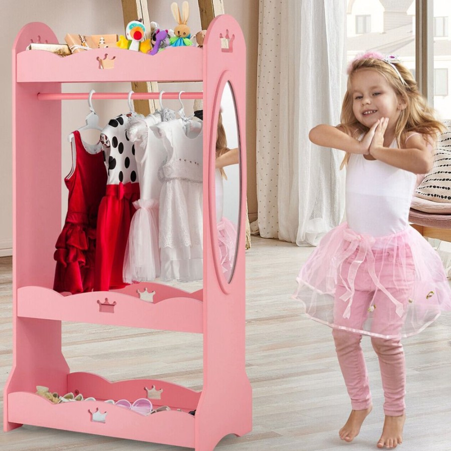 Playtime littlehelper Montessori Toys & Products | Premium Montessori Dress Up Rail | 3 Tier Shelves With Mirror & Shoe Space | Pink | 1.16M