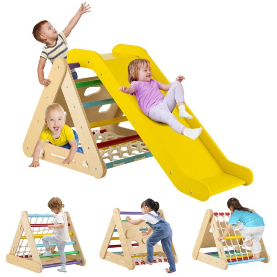 Playtime littlehelper Kids Climbing Frames | 5-In-1 Children'S Eco Birch Wood Climbing Frame | Montessori Pikler Triangle, Slide & Climber | Natural Wood & Multi Coloured