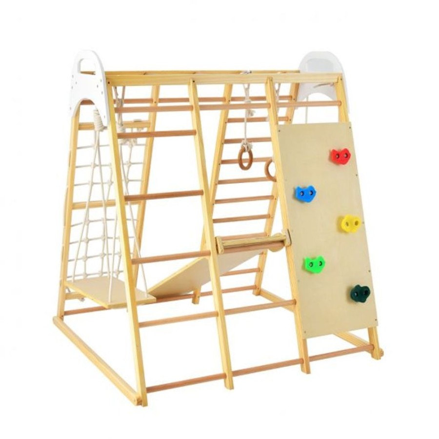 Playtime littlehelper Kids Climbing Frames | Children'S 8-In-1 Eco Wood Montessori Climbing Gym With Swing | Slide | Climbing Wall | Monkey Bars | Natural | 3 Years+