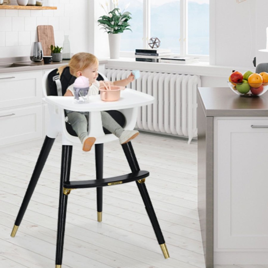 Mealtime littlehelper | 4-In-1 Deluxe Wooden High Chair & Tray With Gold Tone Finishes | Low Chair | Black Padded Cushion | 5 Point Harness | 6M - 3 Years