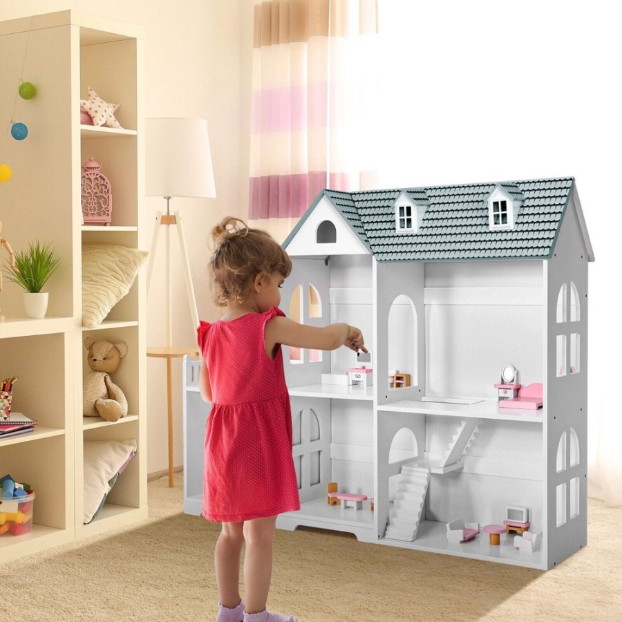 Playtime littlehelper Dollhouses | Large Montessori 2-Tier Dollhouse | Role Play | White