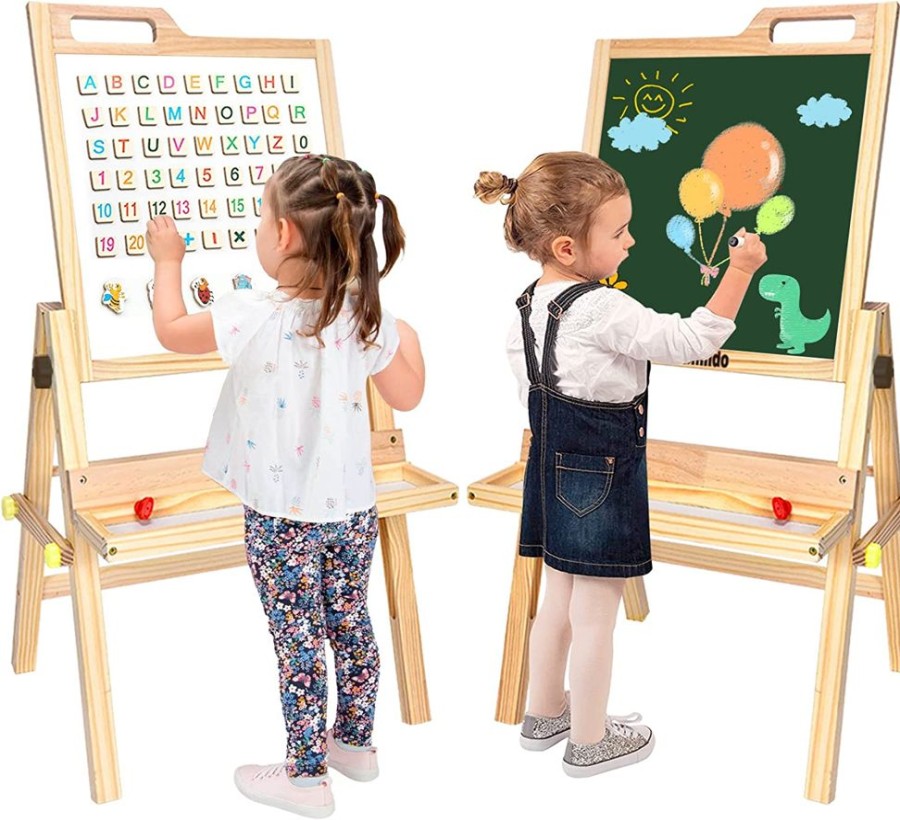 Playtime littlehelper | Natural Eco Wood Height Adjustable Easel | Whiteboard | Blackboard Double Easel