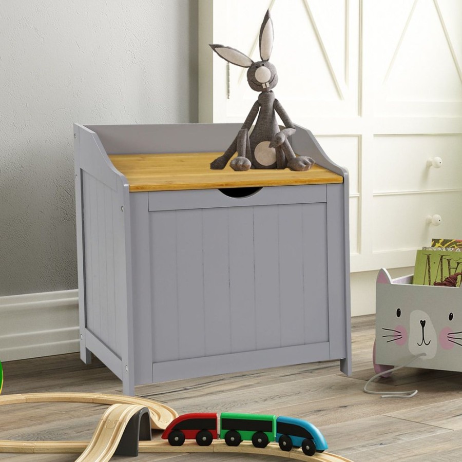 Toddler Furniture & Accessories littlehelper | Large Wooden Toy Box & Bench With Slow Release Hinge | Ottoman | Blanket Box | Grey With Natural Bamboo Lid