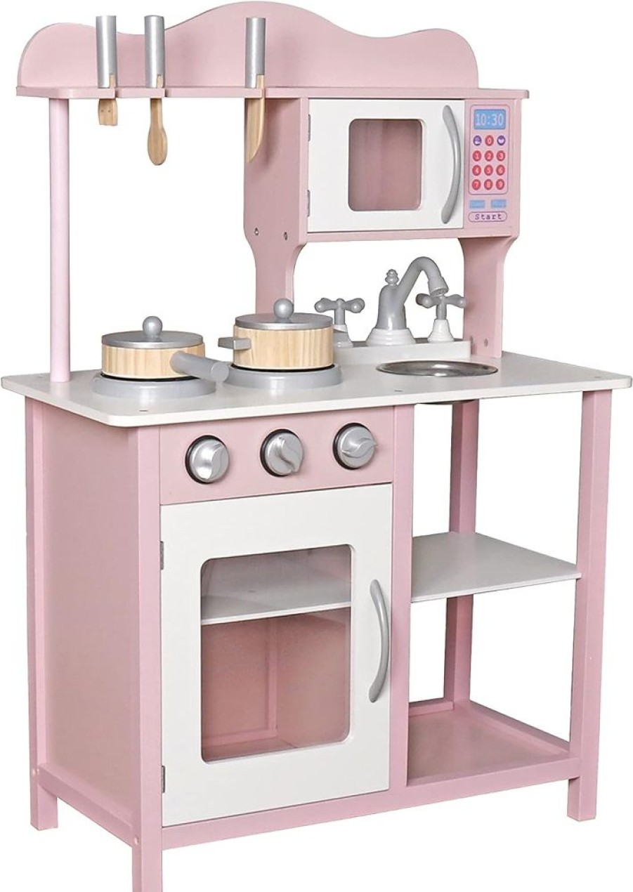 Playtime littlehelper Toy Kitchens | Kids Wooden Play Kitchen Cooker Role Play Childrens Pretend Toys + Utensil Pink