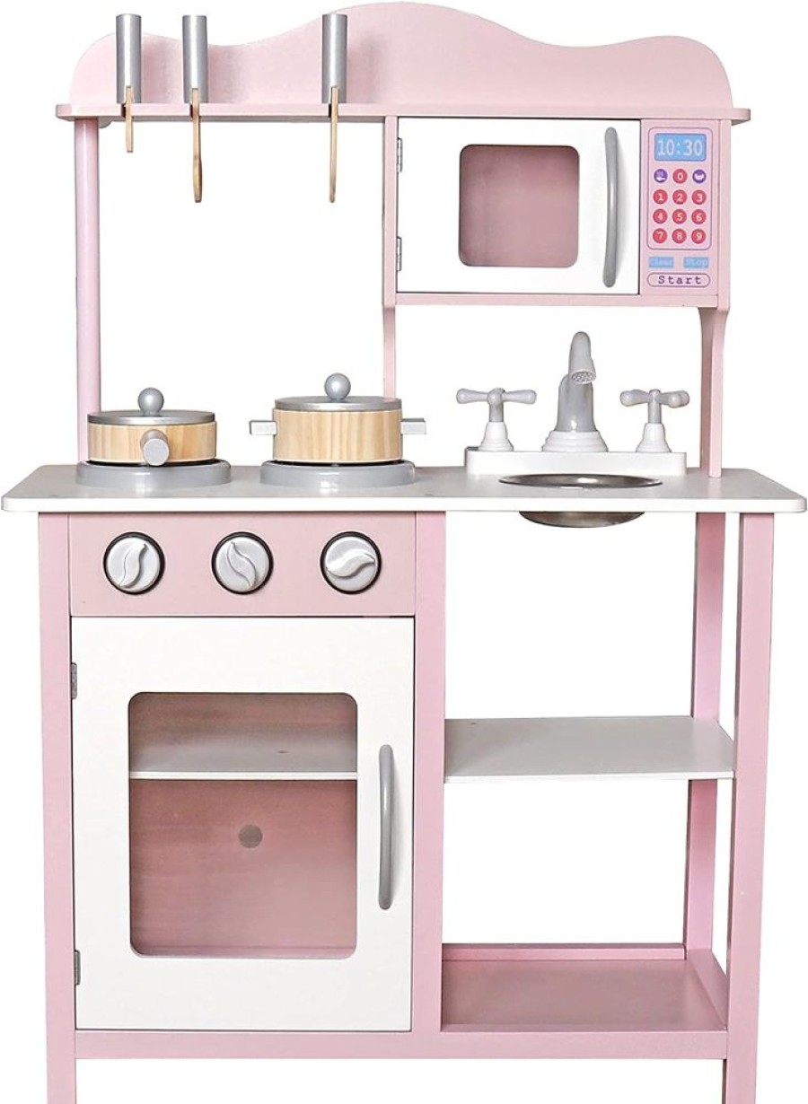 Playtime littlehelper Toy Kitchens | Kids Wooden Play Kitchen Cooker Role Play Childrens Pretend Toys + Utensil Pink