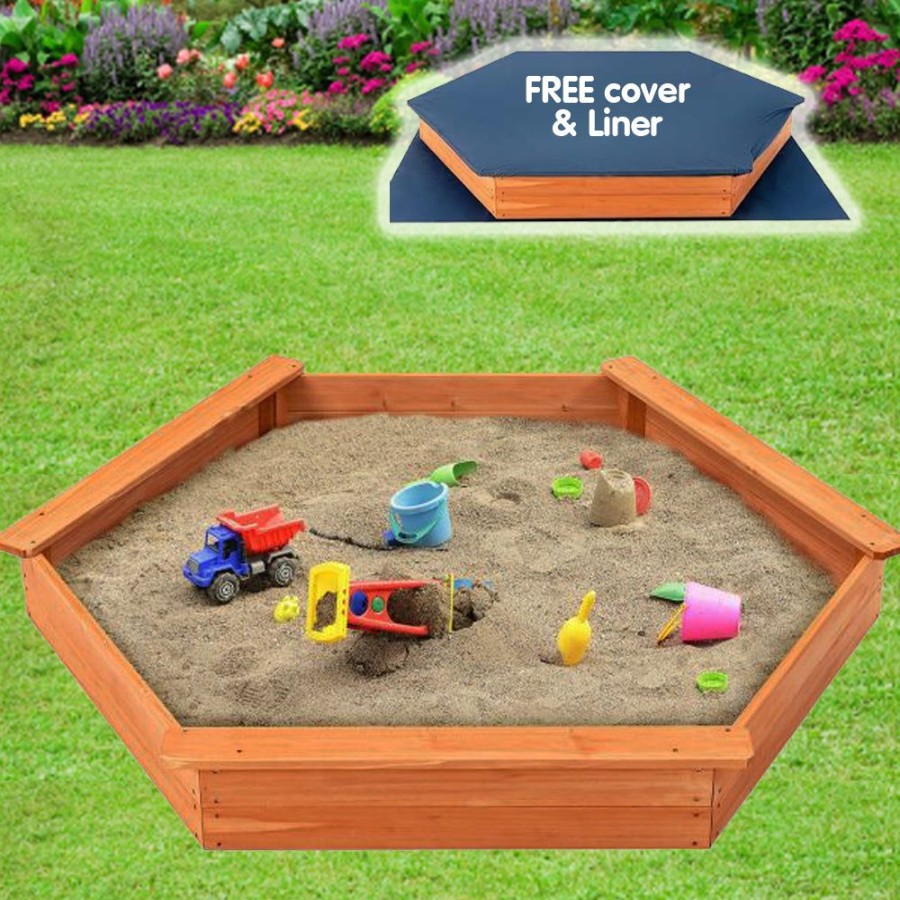 Playtime littlehelper Sand & Water Table | Xxl Premium Hexaganol Eco Fir Wood Montessori Sandpit With Free Base Liner And Thick Waterproof Cover | 1.86 X 1.63M