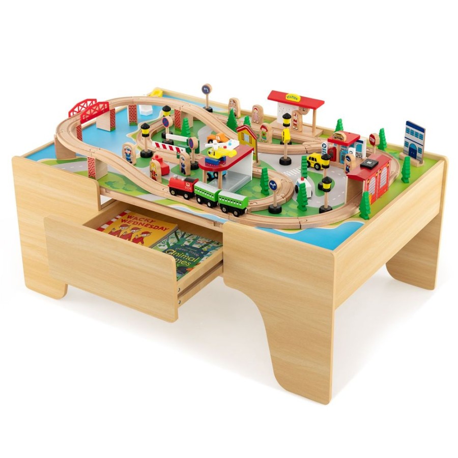 Toddler Furniture & Accessories littlehelper | Deluxe Large Montessori 2-In-1 Wooden Train Set & Table | 84Pc Train Set