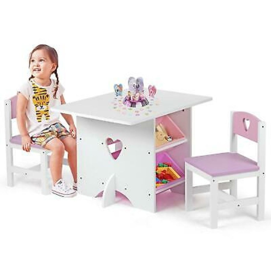 Toddler Furniture & Accessories littlehelper | Kids Wooden Table & 2 Chairs Set | 4 Large Storage Bins | White & Pink | 3 Years+