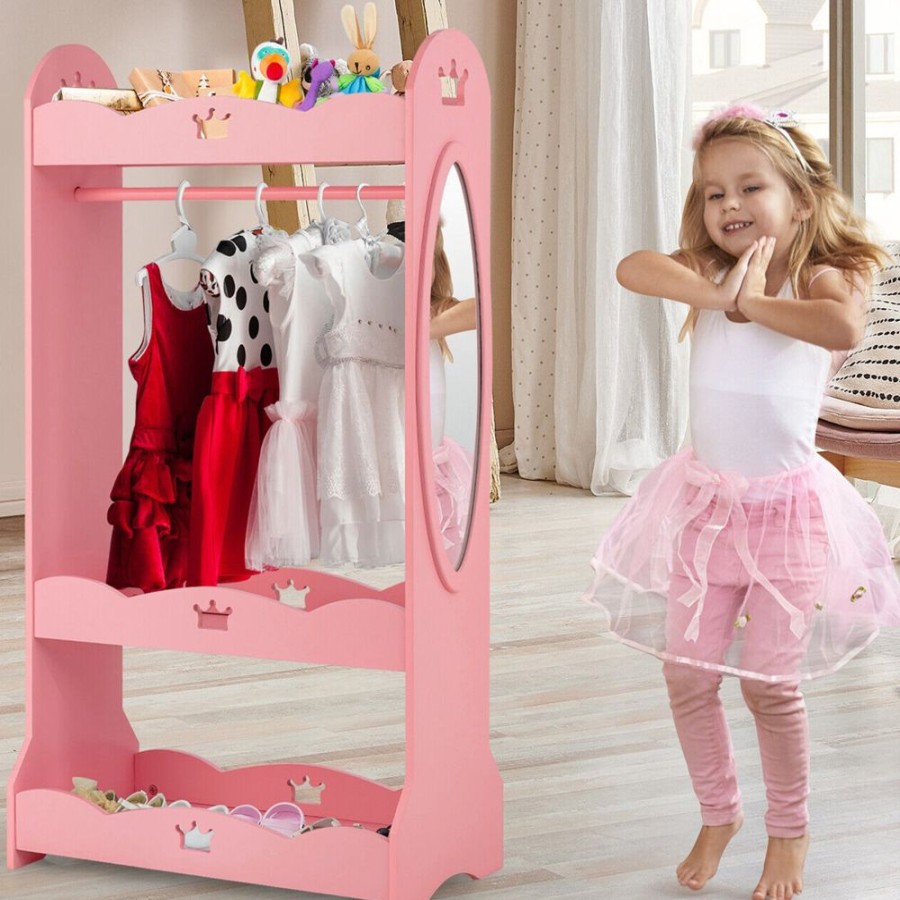 Toddler Furniture & Accessories littlehelper | Premium Montessori Dress Up Rail | 3 Tier Shelves With Mirror & Shoe Space | Pink | 1.16M