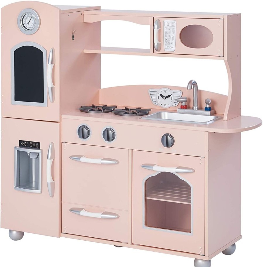 Playtime littlehelper Toy Kitchens | Montessori Retro Design Wooden Toy Kitchen With Realistic Accessories & Pretend Ice | Pink