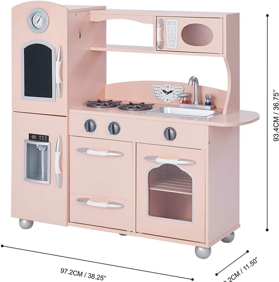 Playtime littlehelper Toy Kitchens | Montessori Retro Design Wooden Toy Kitchen With Realistic Accessories & Pretend Ice | Pink