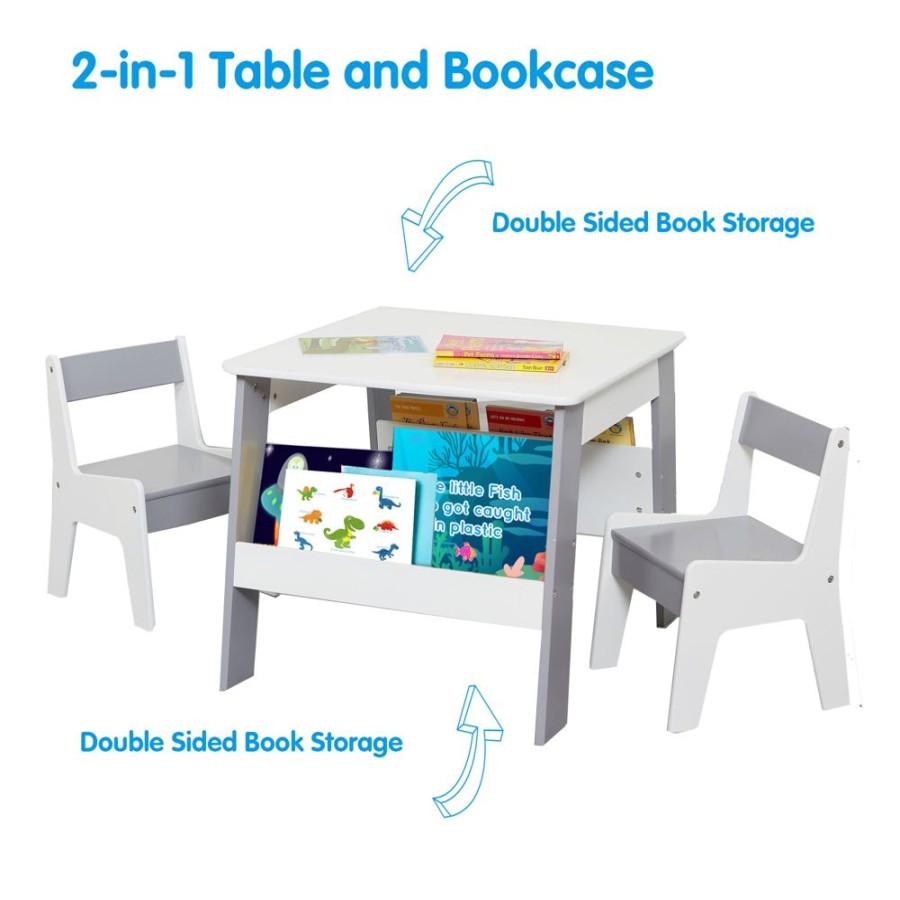 Toddler Furniture & Accessories littlehelper | 2-In-1 Childrens Table And 2 Chairs Set | Bookshelf & Storage | White And Grey