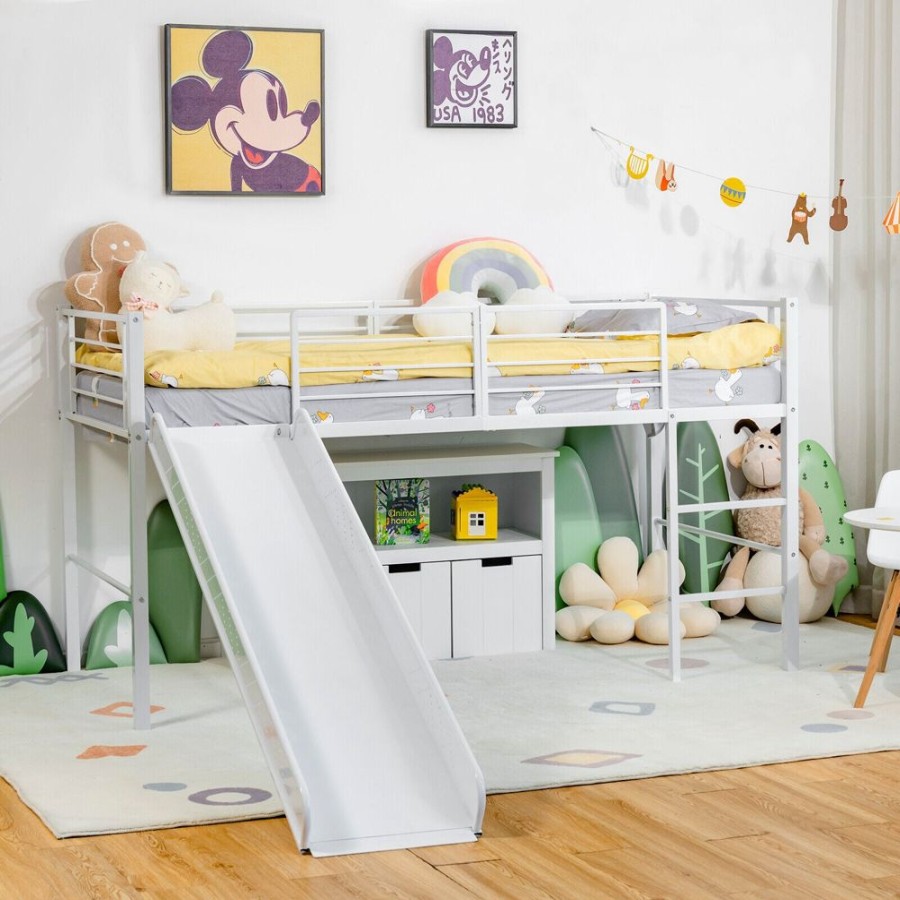 Toddler Furniture & Accessories littlehelper Toddler Beds | Children'S Single Bed Mid Sleeper With Slide | Steel Bed Frame W/Safety Guardrails | White