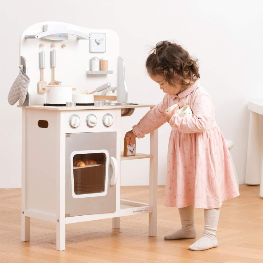 Playtime littlehelper Toy Kitchens | Montessori Wooden Toy Kitchen With Realistic Accessories & Blackboard | Natural & White