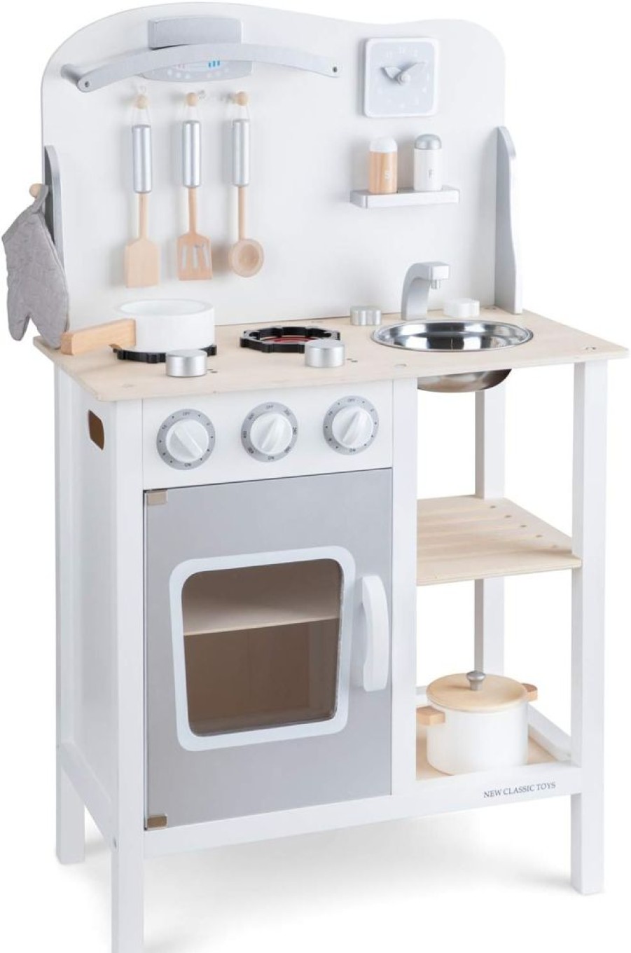 Playtime littlehelper Toy Kitchens | Montessori Wooden Toy Kitchen With Realistic Accessories & Blackboard | Natural & White