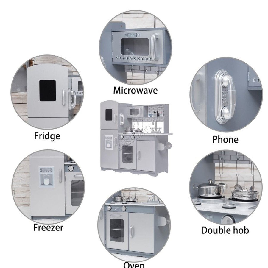 Playtime littlehelper Toy Kitchens | Deluxe Montessori Inspired Toy Kitchen | Phone | Blackboard | Microwave | Realistic Sounds & Accessories | Grey