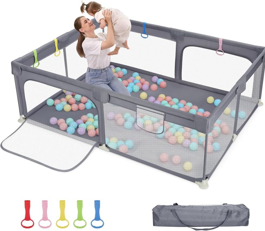 Baby & Nursery littlehelper Baby Playpens | Large Baby Playpen And Ball Pool With Carry Bag & Pull-Up Rings| Mesh Fabric | 2. X 1.5M | Grey