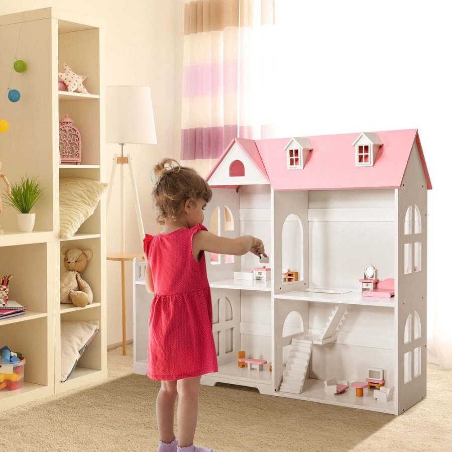 Playtime littlehelper Dollhouses | 2-Tier Dollhouse Bookcase 2-In-1 Multi-Purpose Children'S Wooden Bookshelf