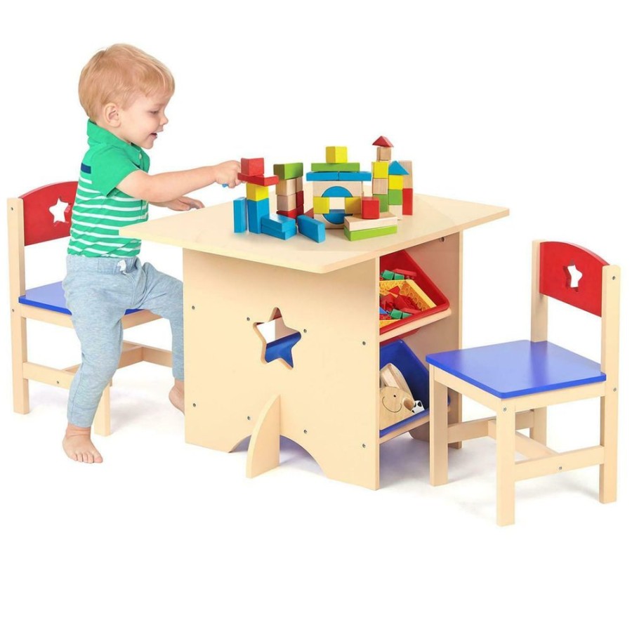 Toddler Furniture & Accessories littlehelper | Kids Natural Wooden Table & 2 Chairs Set | 4 Large Storage Bins Or Boxes | 3 Years+