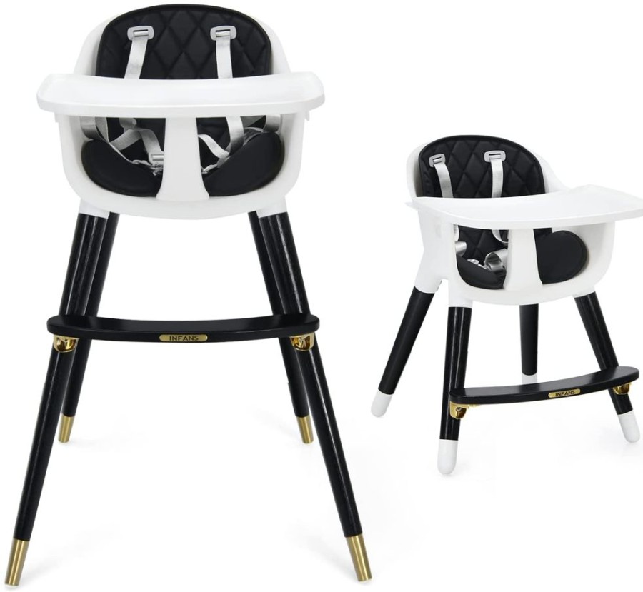 Mealtime littlehelper | 4-In-1 Deluxe Wooden High Chair & Tray With Gold Tone Finishes | Low Chair | Black Padded Cushion | 5 Point Harness | 6M - 3 Years