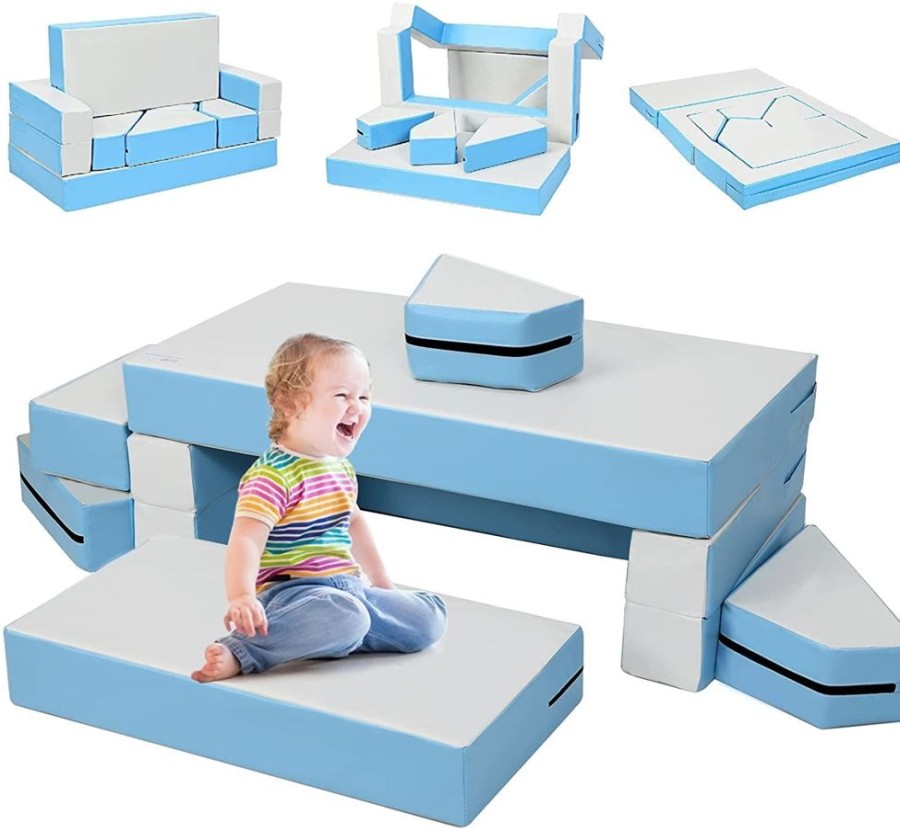 Playtime littlehelper Activity Toys | Montessori 4-In-1 Soft Play Equipment | 8 Piece Foam Play Set | Bed, Sofa & Table | Blues | 12M+