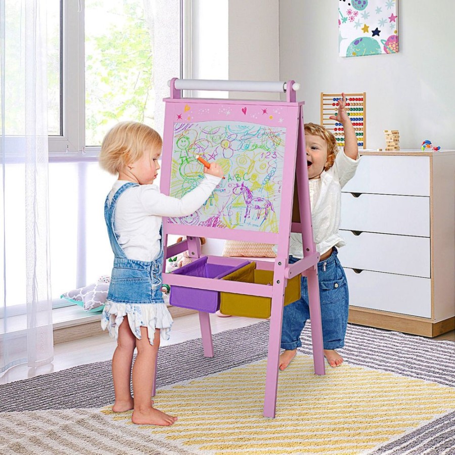 Playtime littlehelper | Childrens Deluxe Wooden Double Sided Easel | Blackboard | Paper Roll | Pink| 3 Years+