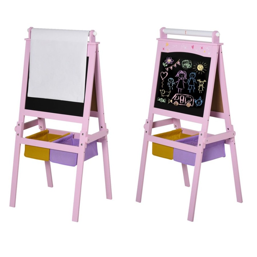 Playtime littlehelper | Childrens Deluxe Wooden Double Sided Easel | Blackboard | Paper Roll | Pink| 3 Years+