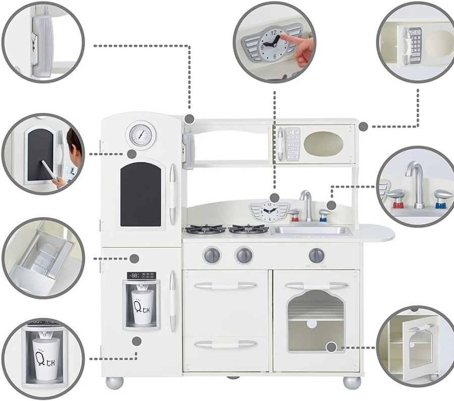 Playtime littlehelper Toy Kitchens | Montessori Deluce Design Wooden Toy Kitchen With Realistic Accessories & Pretend Ice | White