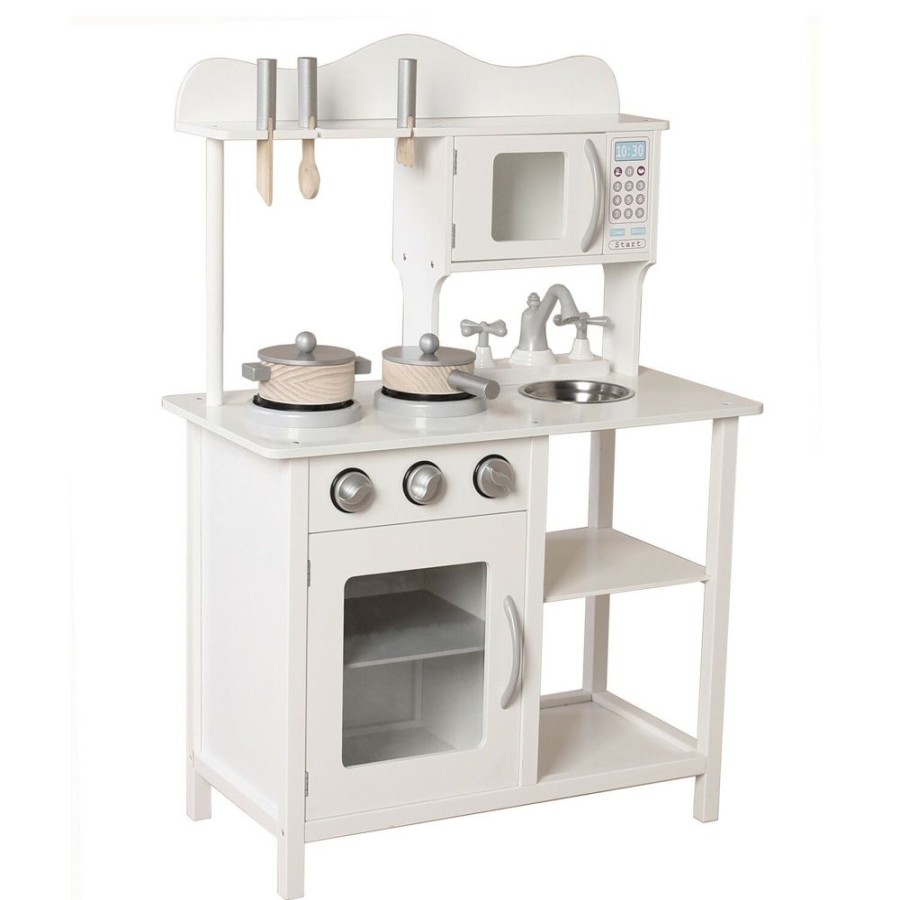 Playtime littlehelper Toy Kitchens | Montessori Wooden Toy Kitchen With Microwave, Oven, Pans & Utensils | Realistic Features | White & Grey