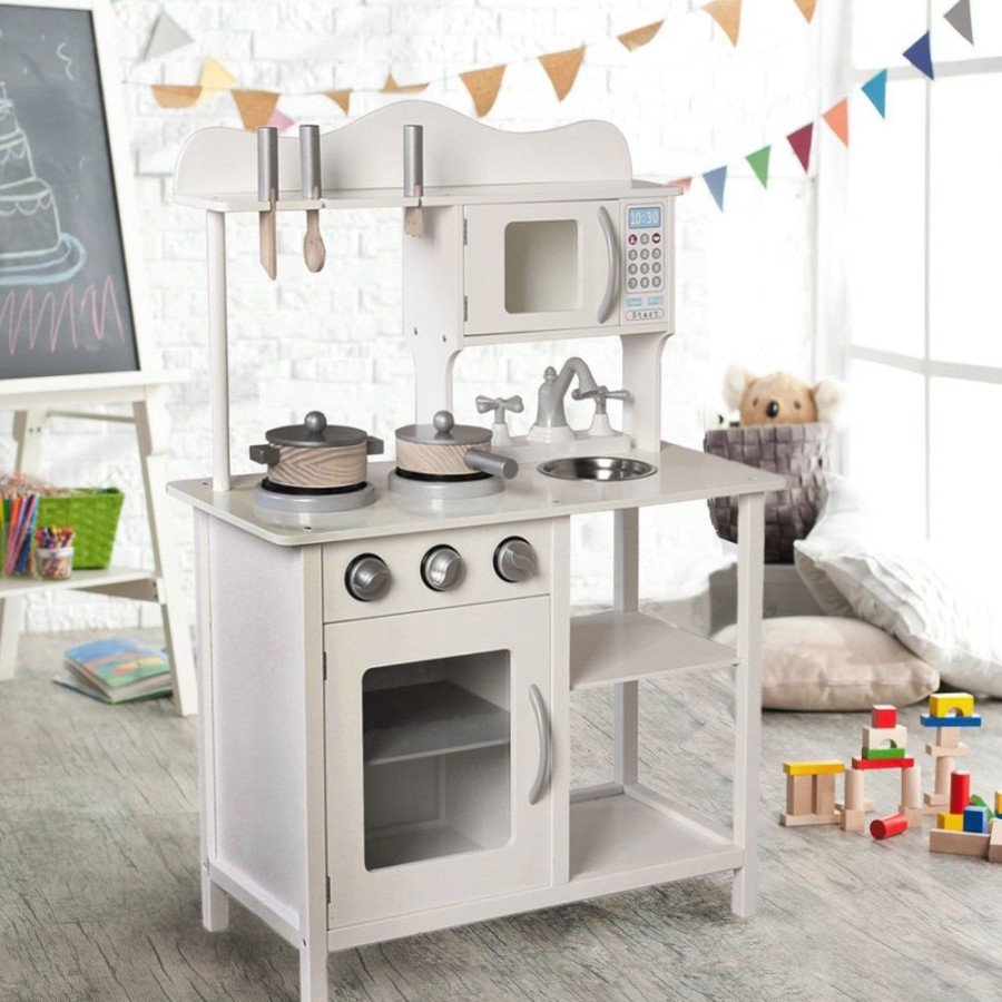 Playtime littlehelper Toy Kitchens | Montessori Wooden Toy Kitchen With Microwave, Oven, Pans & Utensils | Realistic Features | White & Grey