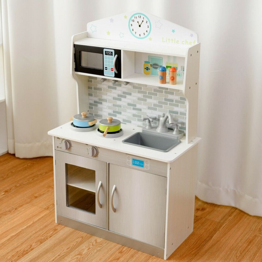 Playtime littlehelper Toy Kitchens | Children'S | Kids Wooden Toy Kitchen Including Playset | White & Grey | 3-7 Years