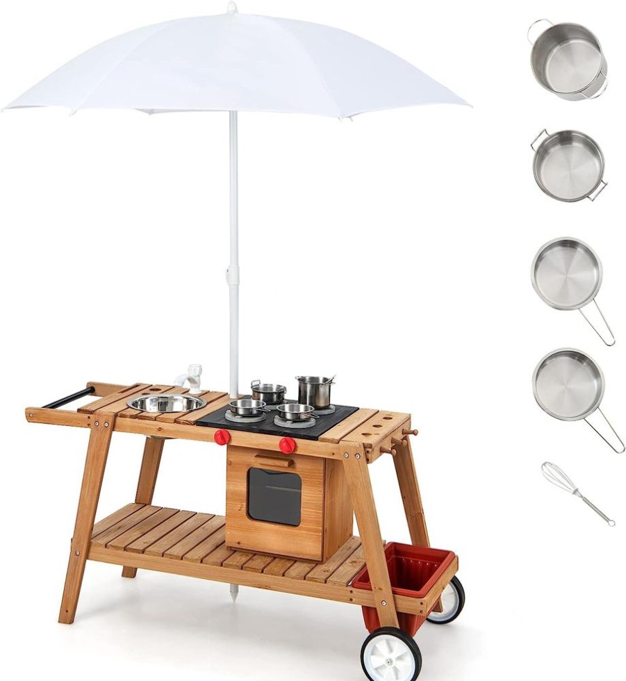 Playtime littlehelper Toy Kitchens | Portable | Eco Friendly Montessori Natural Fir Wooden Kids Mud Kitchen With Umbrella | Wooden Toy Kitchen | 3 Years+