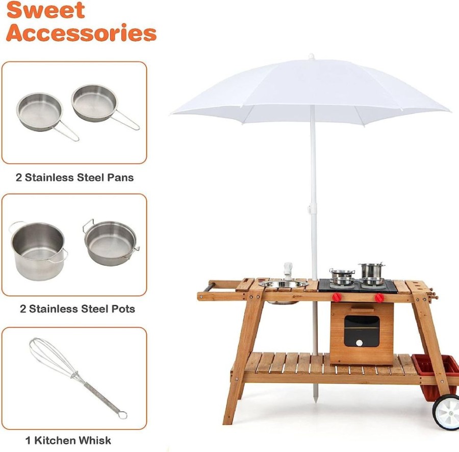 Playtime littlehelper Toy Kitchens | Portable | Eco Friendly Montessori Natural Fir Wooden Kids Mud Kitchen With Umbrella | Wooden Toy Kitchen | 3 Years+