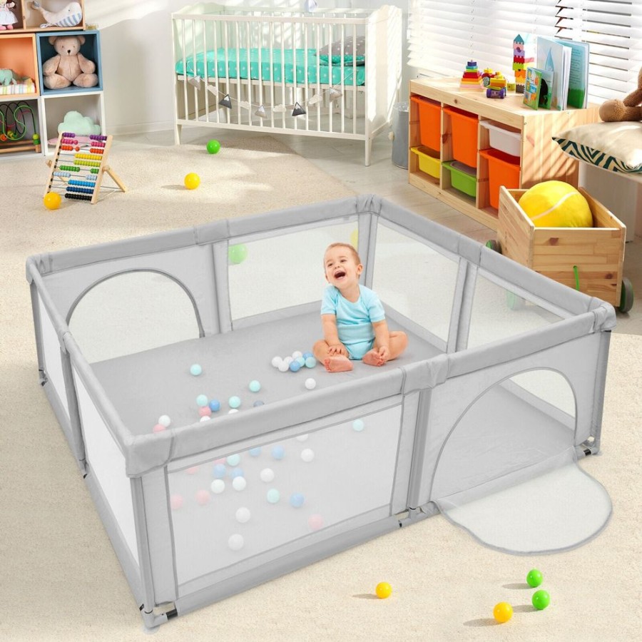 Baby & Nursery littlehelper Baby Playpens | Extra Large Baby Playpen And Ball Pool With 50 Balls | Breathable Mesh Fabric | 2.07M X 1.87M | Soft Grey