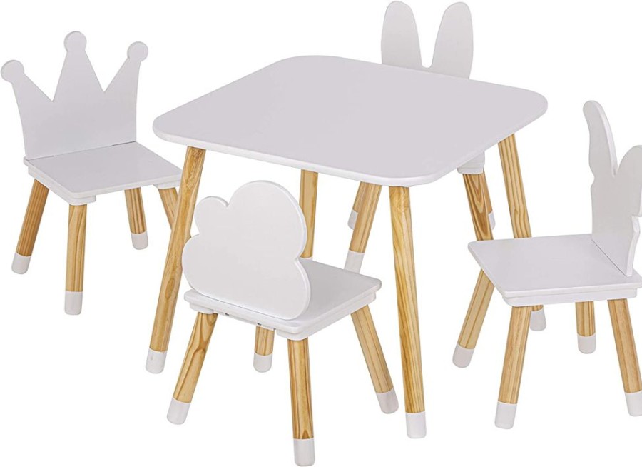 Playtime littlehelper Montessori Toys & Products | Childrens Montessori Eco-Conscious Pine Wood Table & 4 Chairs | White & Natural Pine