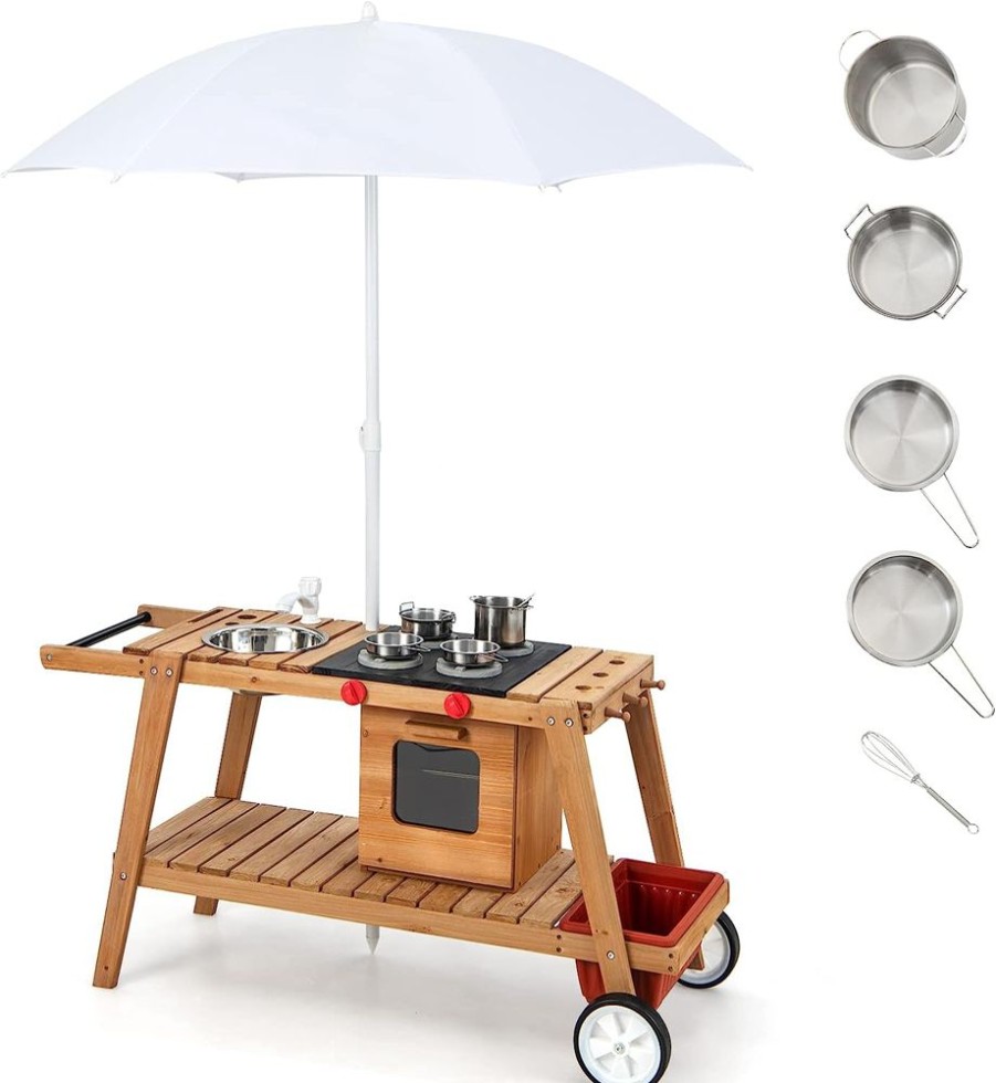 Playtime littlehelper Sand & Water Table | Portable | Eco Friendly Montessori Natural Fir Wooden Kids Mud Kitchen With Umbrella | Wooden Toy Kitchen | 3 Years+