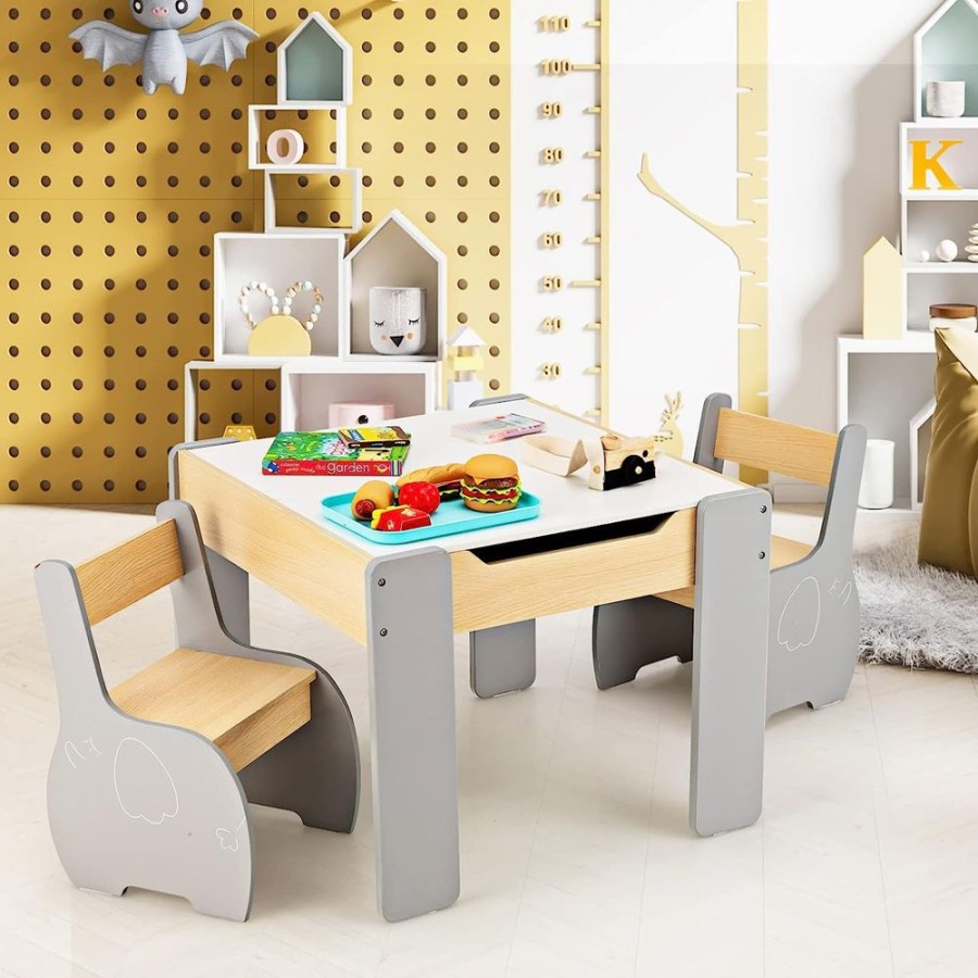 Toddler Furniture & Accessories littlehelper | Multifunctional Elephant Kids Table And 2 Chairs Set | Reversible Blackboard Tabletop | Storage | Natural