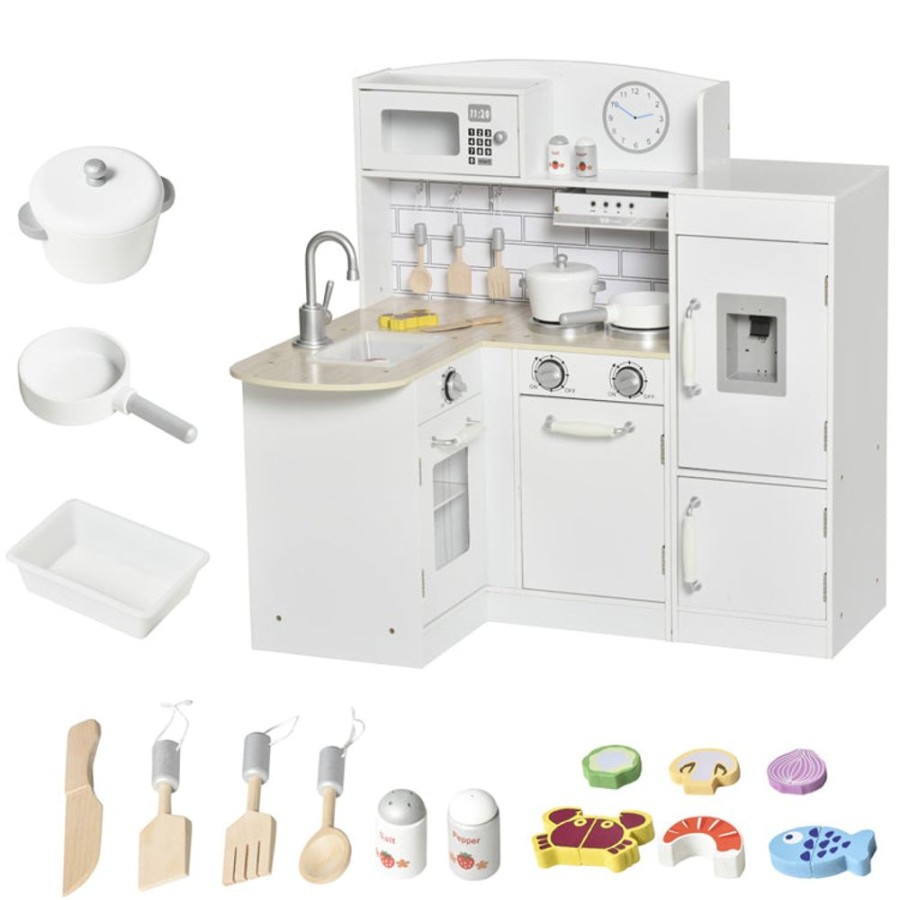 Playtime littlehelper Toy Kitchens | Deluxe Montessori Wooden Toy Kitchen | Working Water Dispenser | Microwave | Clock | 14 Accessories