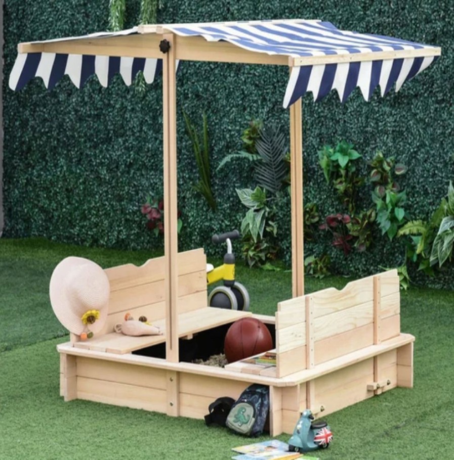 Playtime littlehelper Sand & Water Table | Deluxe Eco-Conscious Robust Cedar Wood Sandpit With Bench & Canopy | 3-6 Years