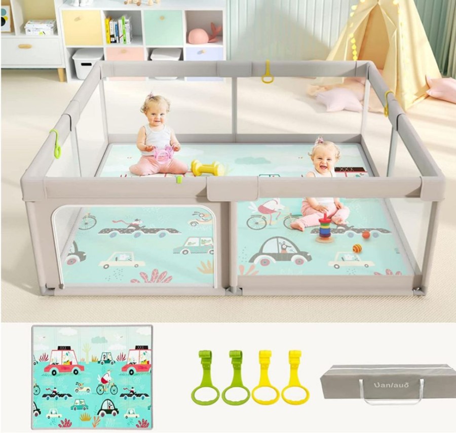 Baby & Nursery littlehelper Travel Cots & Playpens | Extra Large Baby Playpen | Support Handles | Carry Bag | Breathable Mesh Fabric | Includes Reversible Play Mat | Grey | 1.5 X 1.5M