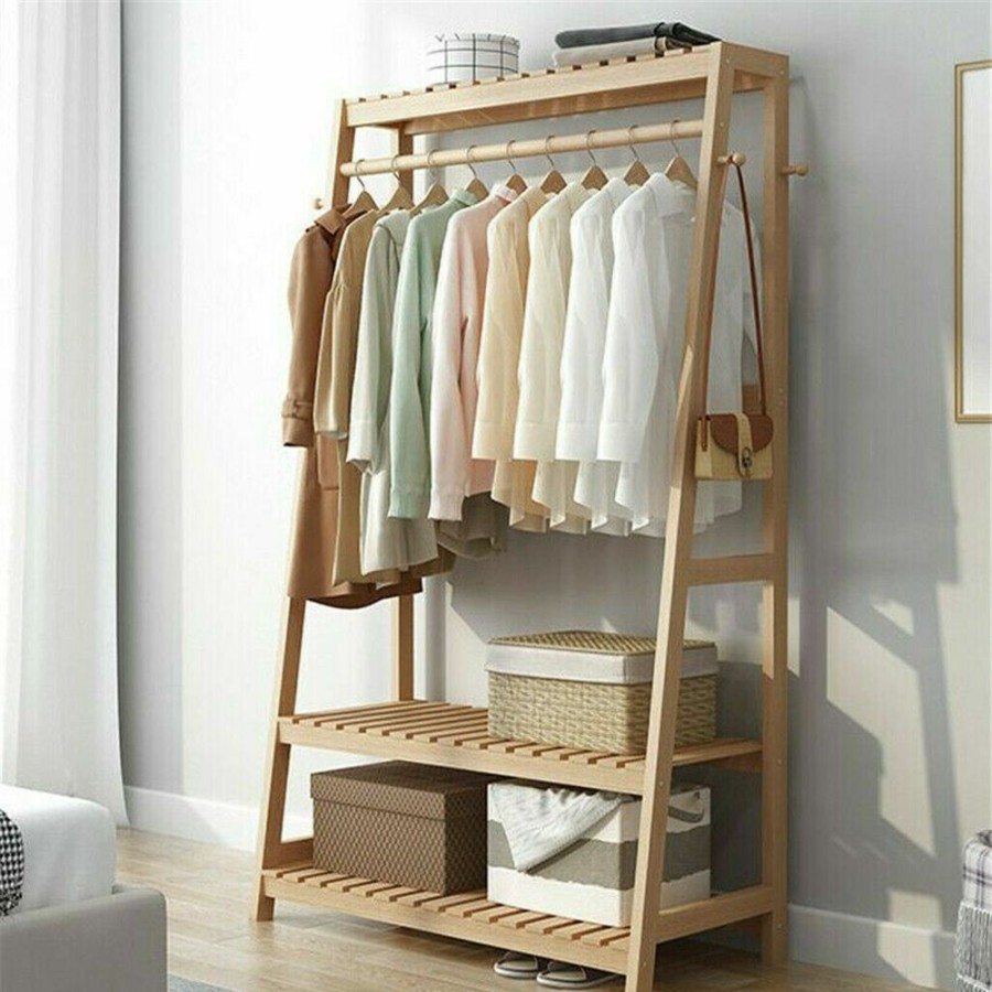 Playtime littlehelper Role Play Toys | Eco 100% Bamboo Wood | Freestanding Clothes Rack With 3 Shelves & Side Hooks | Natural | 1.64M High