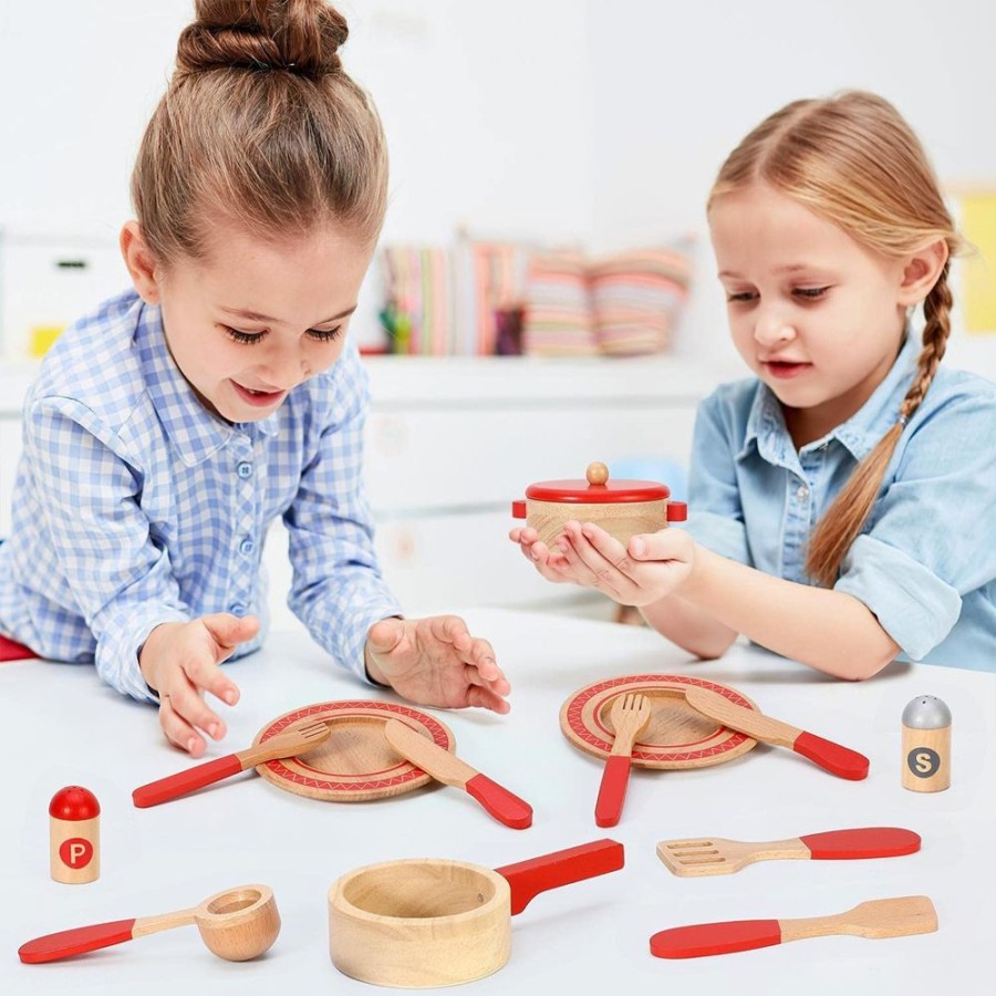 Playtime littlehelper Wooden Toys | 12 Pc Montessori Wooden Pretend Play Kitchen Utensils Play Set | Toy Set | 3 Years+