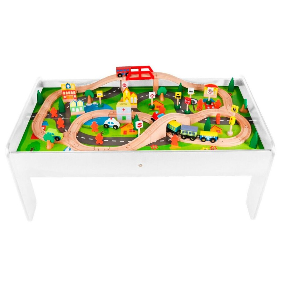 Playtime littlehelper Wooden Toys | 2-In-1 Montessori Wooden Train Table & City Play Table | 90Pc Train Set | White