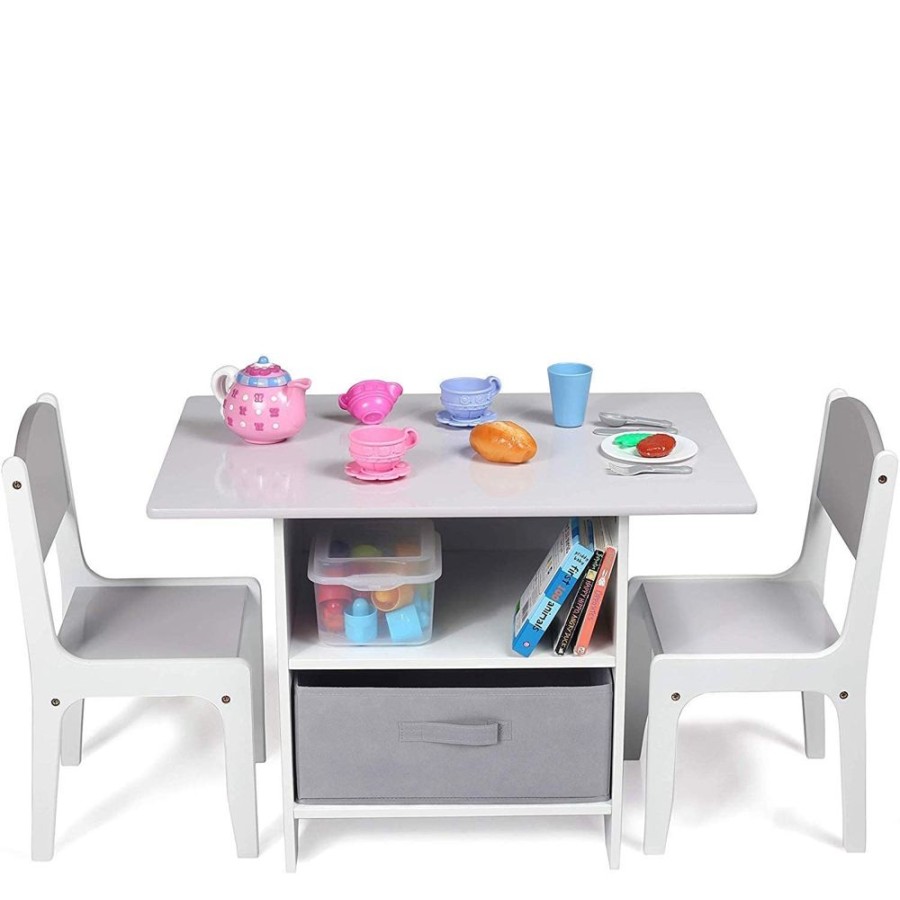 Toddler Furniture & Accessories littlehelper | Kids Scratch-Resistant Wooden Table And 2 Chairs Set With Large Storage Drawers | White & Grey