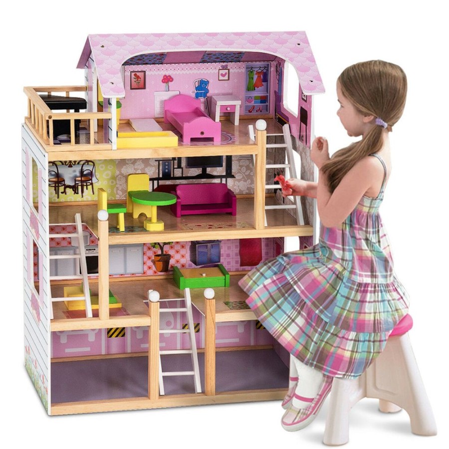 Playtime littlehelper Dollhouses | Large Montessori Detailed Eco Wooden Dolls House | 4 Storey Dollhouse | Furniture Pieces | 3 Years+