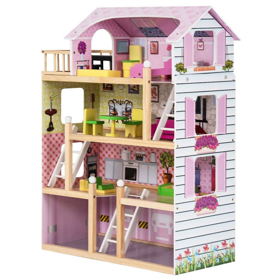 Playtime littlehelper Dollhouses | Large Montessori Detailed Eco Wooden Dolls House | 4 Storey Dollhouse | Furniture Pieces | 3 Years+